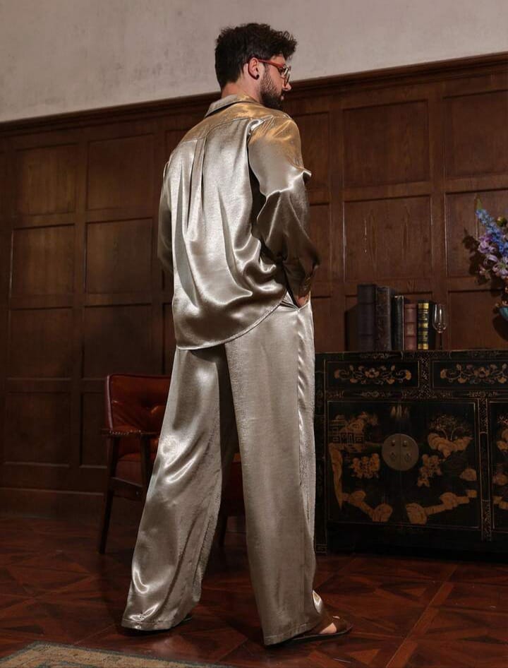 DAZY Men's Gold Satin Long Sleeve Shirt And Pants Set Vacation Casual Style Spring / Summer